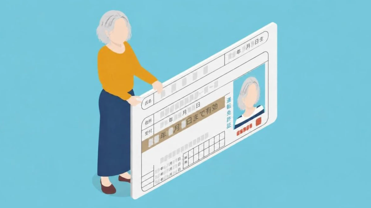 白髪の高齢女性が大きな運転免許証のイラストを手に持つ、自主返納を考える様子を描いた図解