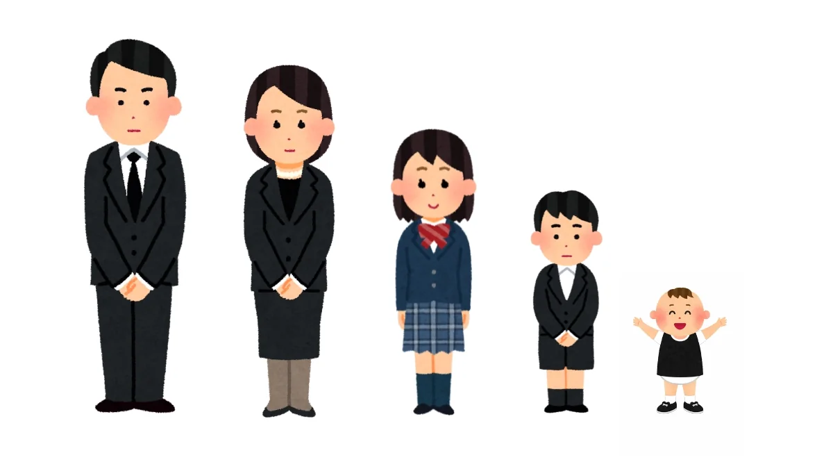 喪服姿の男女と学生と子どもが並ぶ葬儀の服装マナーを示すイラスト