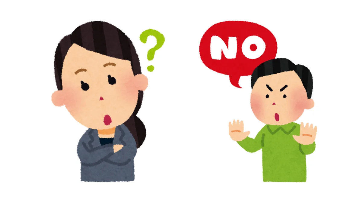 お悔やみの言葉選びに戸惑う女性と、その表現は控えてと伝える男性のイラスト