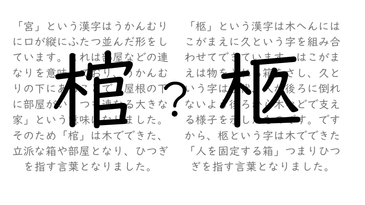 棺と柩それぞれの漢字の成り立ちと意味を左右に並べて比べた図解
