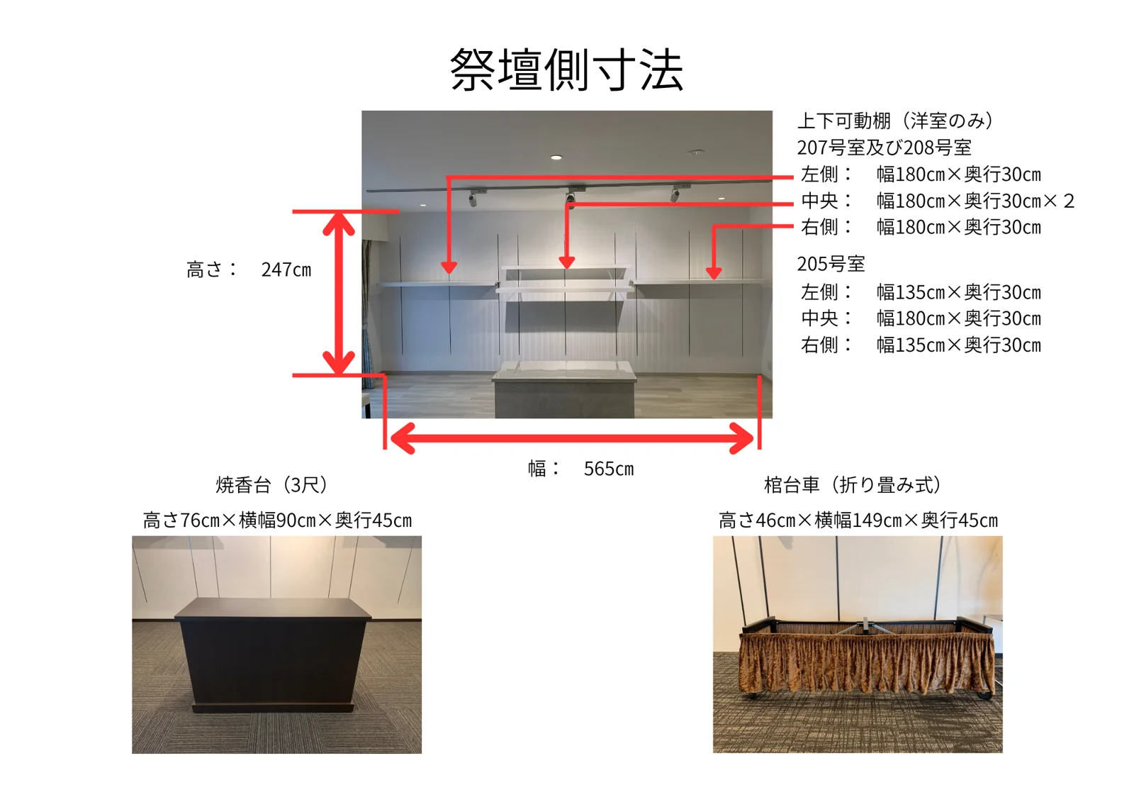 想送庵カノン スタジオ洋室の祭壇側寸法図 高さ247cm、上下可動棚は洋室のみで207号室・208号室は左・中央・右とも幅180cm×奥行30cm、205号室は幅135cm・180cm・135cm×奥行30cm、右端から左端まで565cm。焼香台3尺は高さ76cm×横幅90cm×奥行45cm、折り畳み式の棺台車は高さ46cm×横幅149cm×奥行45cm