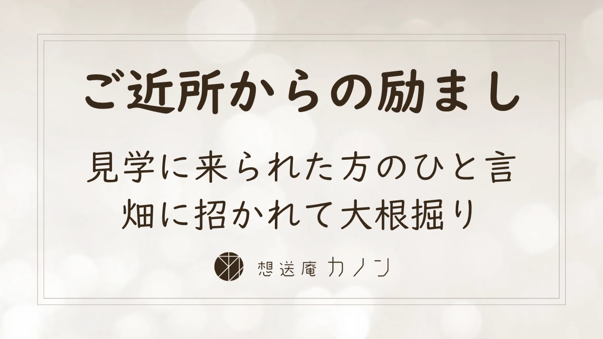 葛飾区立石の地域の方とのご縁のアイキャッチ画像。ご近所からの励まし、見学に来られた方のひと言、畑に招かれての大根掘りを伝えています