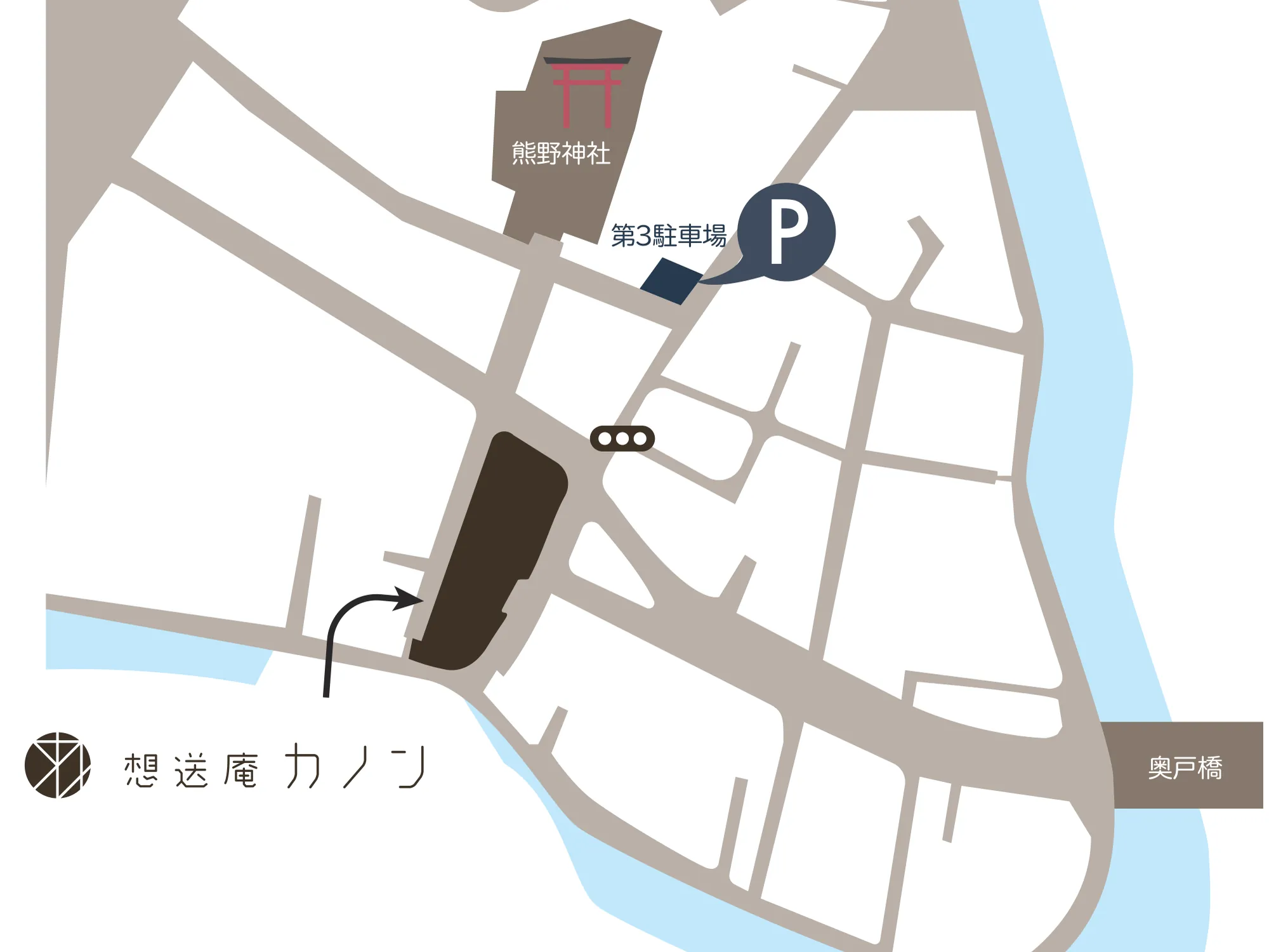想送庵カノンから約50mの第3駐車場の場所を示した地図。熊野神社のそばの第3駐車場と、カノンの建物、近くの信号、奥戸橋が描かれている